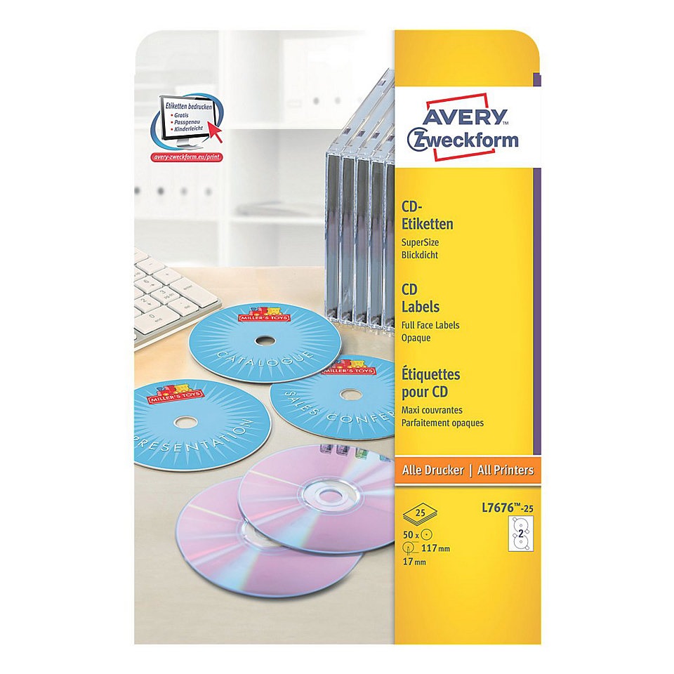 Avery Etichette per CD Bianche Coprenti Ø 117 mm - 2 Etichette per Foglio, Confezione da 25 Fogli, Compatibili con Stampanti Laser, Tecnologia No Touch™