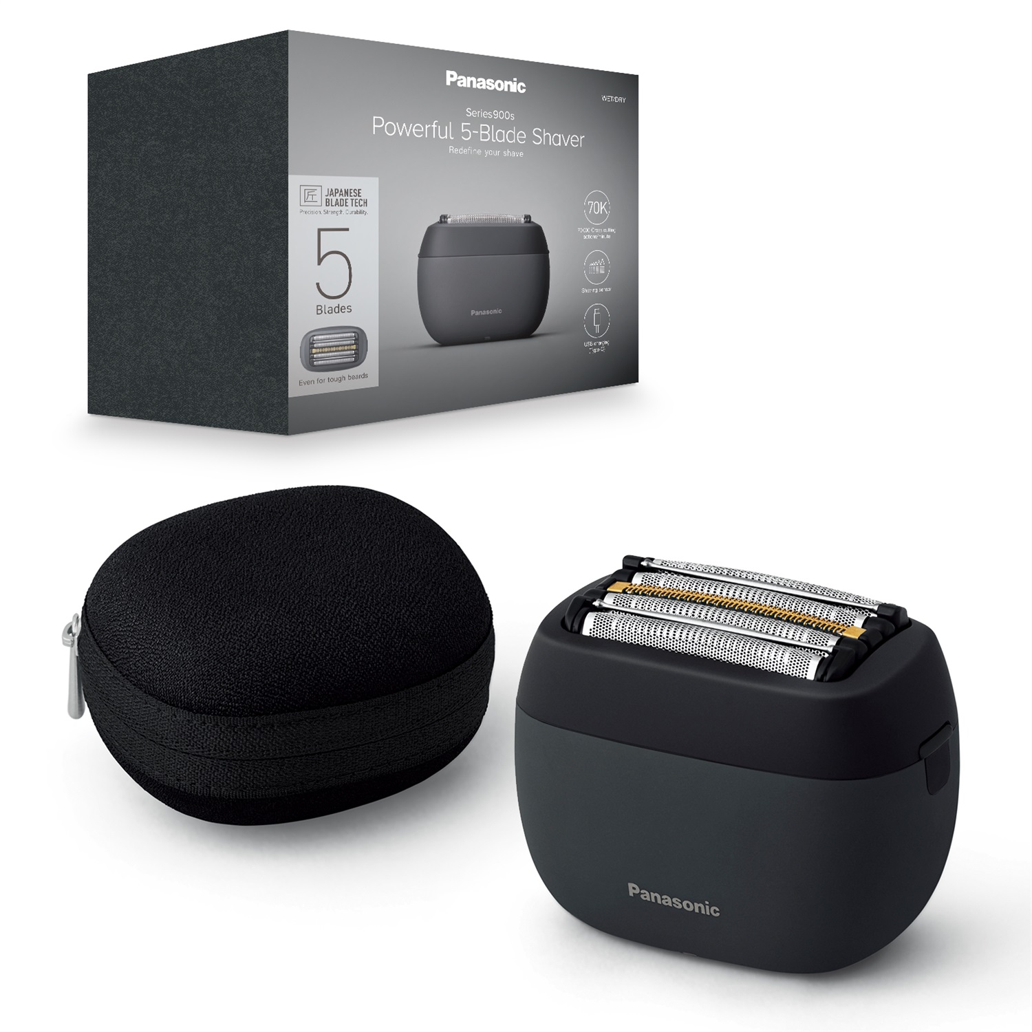 Panasonic ES-PV3B-K803 Rasoio Elettrico da Uomo Wet & Dry a 5 Lame con Sensore Barba Reattivo, USB-C e Custodia, Nero Opaco