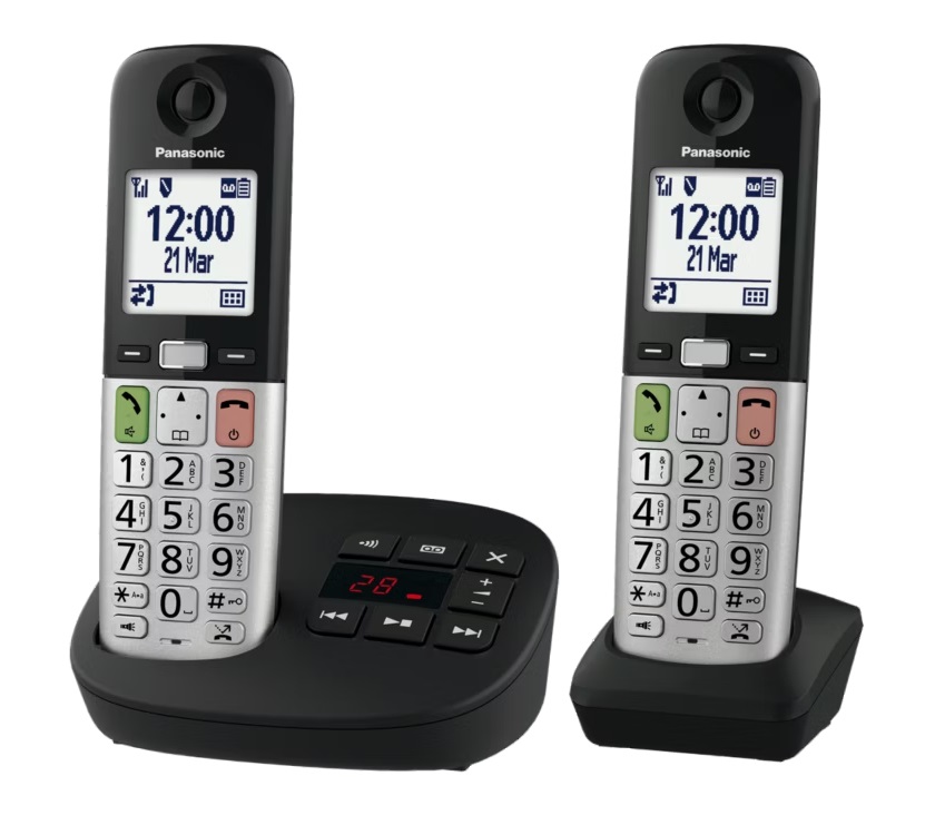 Panasonic KX-TGU432EXB Telefono senza fili con segreteria, volume amplificato, display LCD e 2 auricolari, compatibile con apparecchi acustici