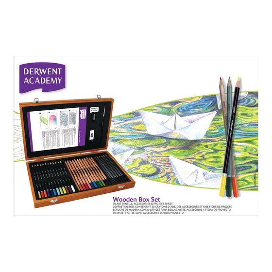 Derwent Academy Set Regalo in Legno da 35 Pezzi - Matite Colorate, Acquerelli e Accessori per Disegno