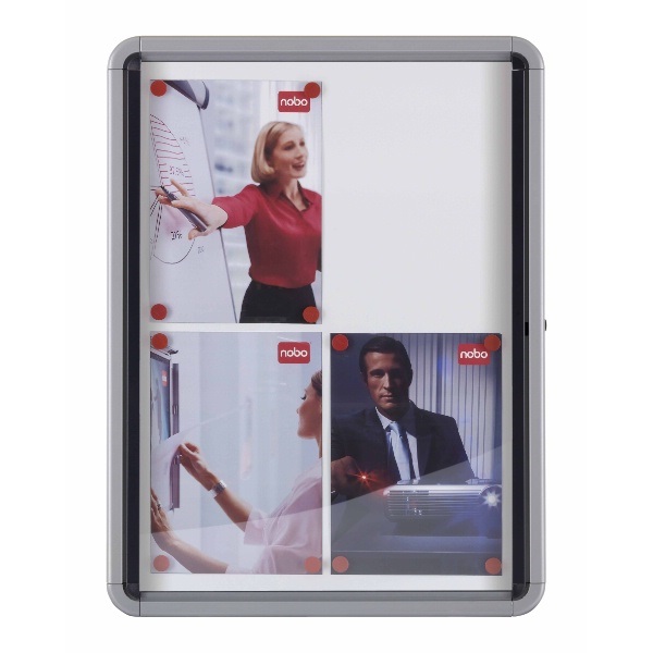 Nobo Bacheca Magnetica con Serratura, 6 x A4, Anta a Battente, Cornice in Alluminio e Vetro di Sicurezza, Fondo Magnetico Bianco
