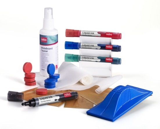 Nobo Kit per Lavagne Bianche 1901430 - Include 4 Pennarelli, Supporto Magnetico, Cancellino e Accessori