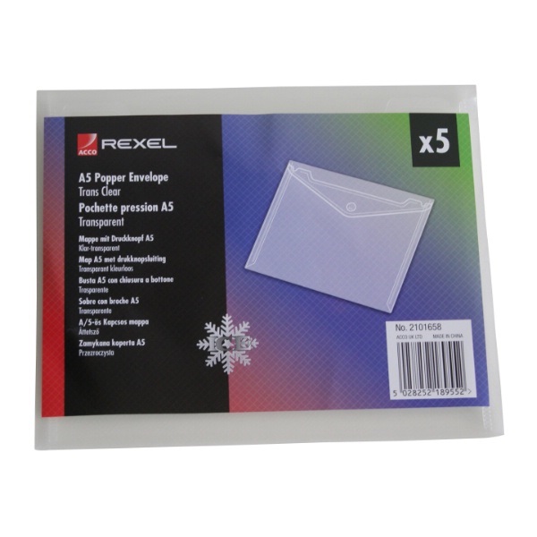 Rexel Busta con Bottone A5 Trasparente in Polipropilene - Conf. da 5 Pezzi