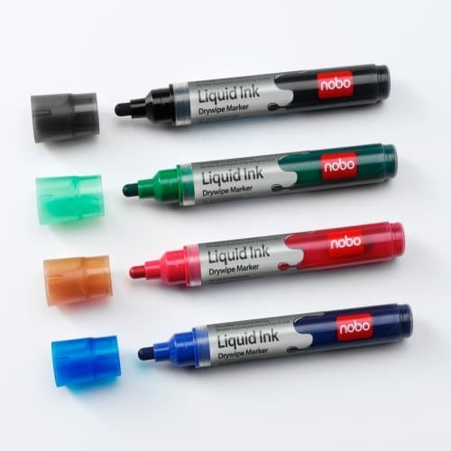 Nobo Pennarelli per Lavagna Bianca a Inchiostro Liquido Cancellabili a Secco, Punta Tonda Larga 3 mm, Confezione da 4, Colori Assortiti, Cod. 1902408