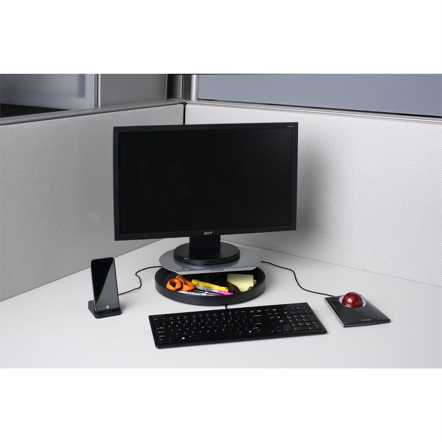 Kensington Supporto Monitor Spin2 con Portaccessori - Altezza Regolabile 6-8 cm, Portata Massima 18 kg, Diametro 29,5 cm, Sistema Rotante