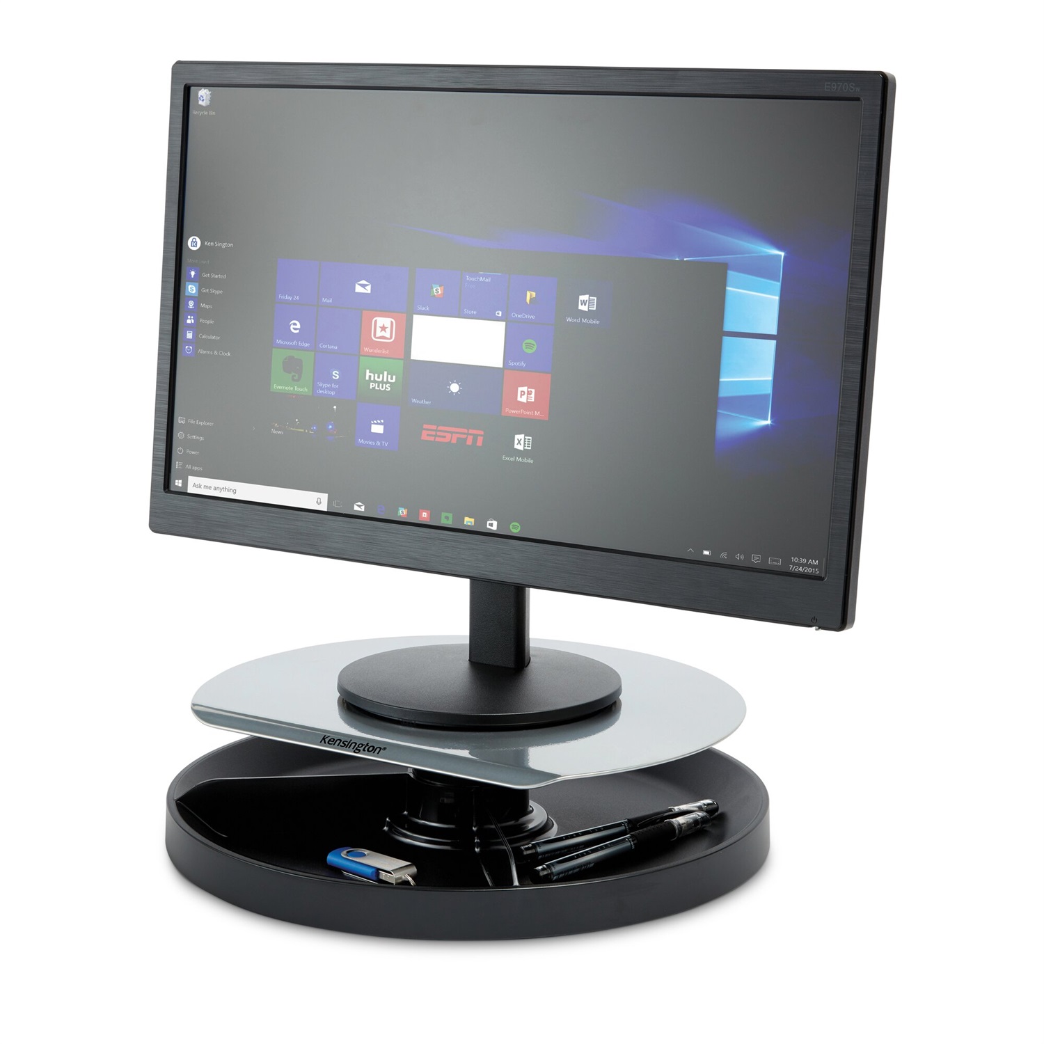 Kensington Supporto Monitor Spin2 con Portaccessori - Altezza Regolabile 6-8 cm, Portata Massima 18 kg, Diametro 29,5 cm, Sistema Rotante