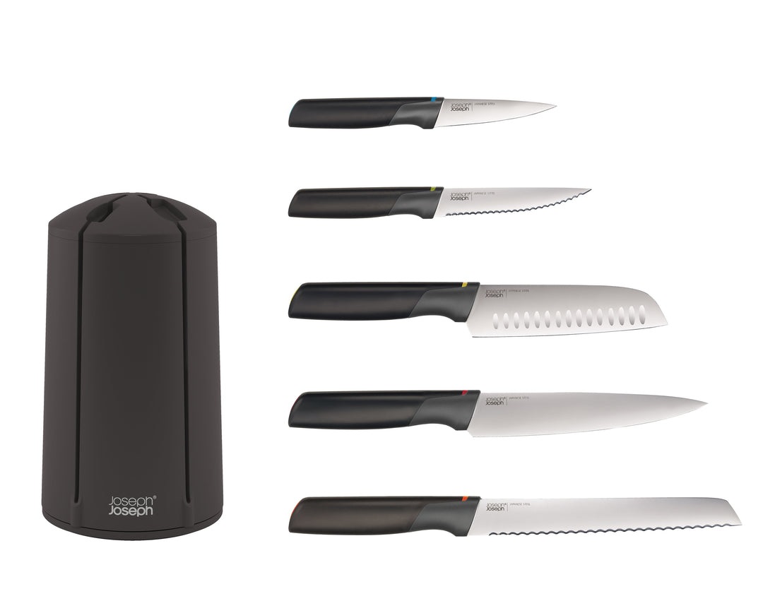Joseph Joseph Set 5 Coltelli Elevate in Acciaio Inossidabile Giapponese con Carosello Rotante - Colore Nero