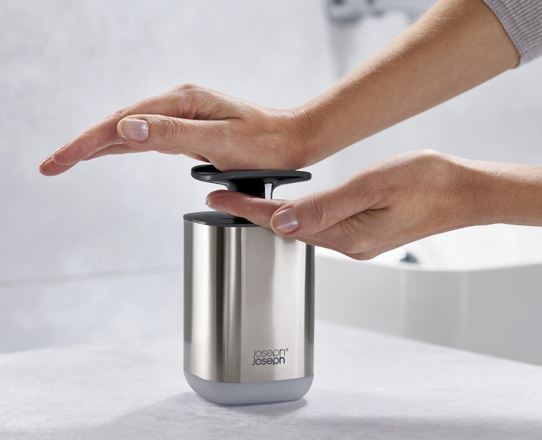 Joseph Joseph Dispenser di Sapone Igienico Easy-Push in Acciaio Inossidabile Grigio - 350 ml, Pompa Larga e Antigoccia