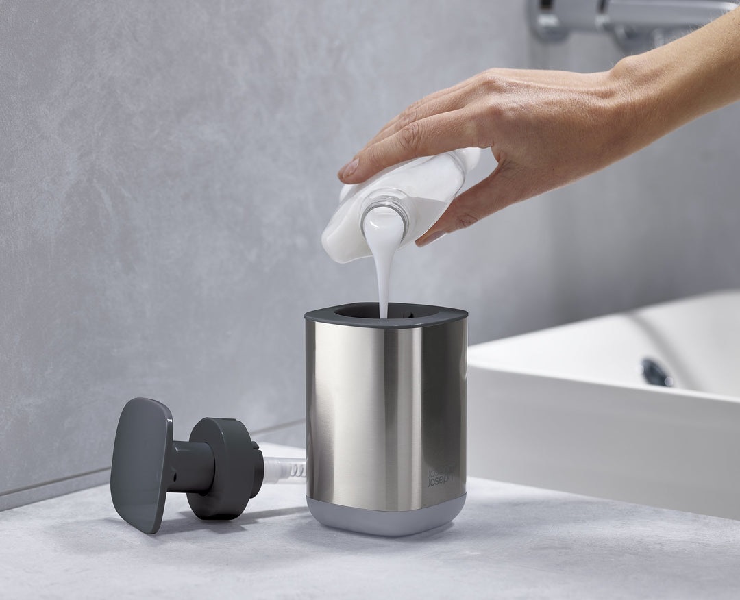 Joseph Joseph Dispenser di Sapone Igienico Easy-Push in Acciaio Inossidabile Grigio - 350 ml, Pompa Larga e Antigoccia