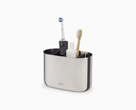 Joseph Joseph EasyStore Luxe Porta Spazzolino e Dentifricio Grande in Acciaio Inox - 6 Scomparti, Compatibile con Spazzolini Elettrici e Tradizionali, Contenitore Smontabile