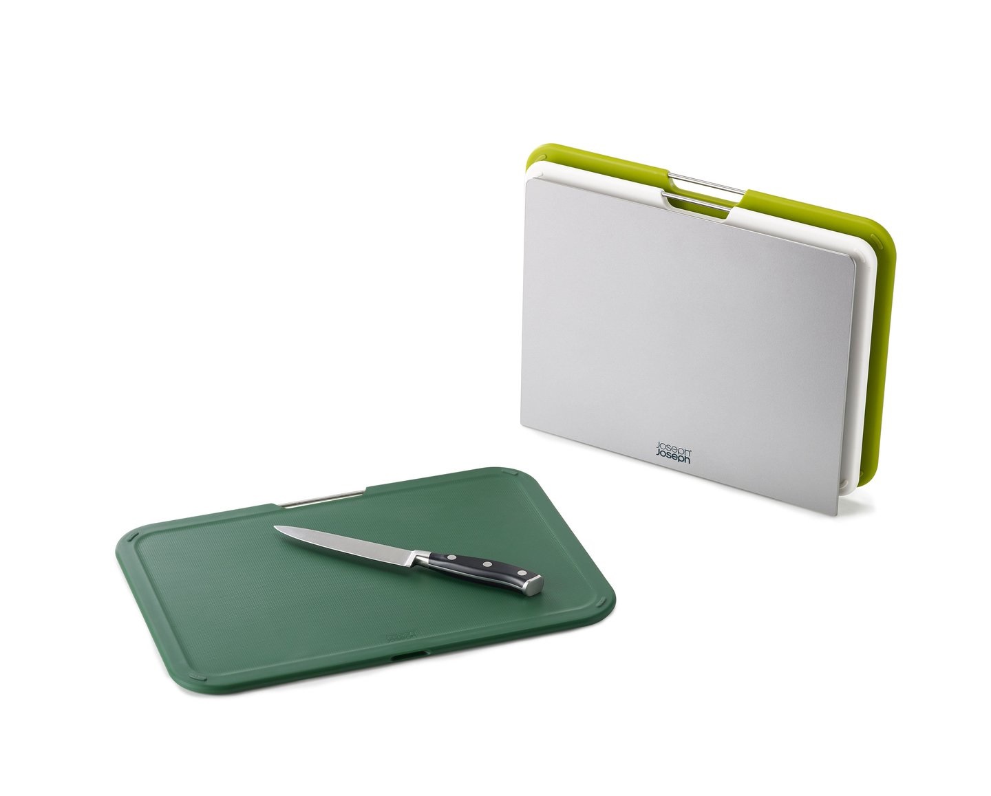Joseph Joseph Set di 3 Taglieri da Cucina Grandi Verde con Supporto, Codificati a Colori e Antiscivolo