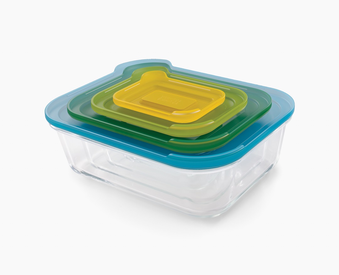 Joseph Joseph Nest Glass Set di 4 Contenitori per Alimenti in Vetro Impilabili, Design Salvaspazio, Sicuri per Forno, Freezer, Microonde e Lavastoviglie