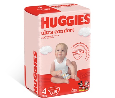 Huggies Ultra Comfort Pannolini Taglia 4 (7-18 kg) - 18 Pezzi con Canali Attivi e Banda Elastico Morbida