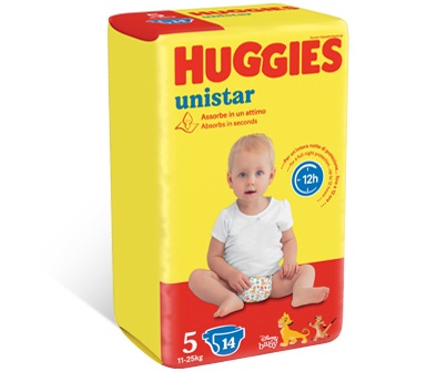 Huggies Unistar Base Taglia 5 (11-25 kg) - Confezione da 14 Pezzi con Banda Elastico e Strato Quickdry