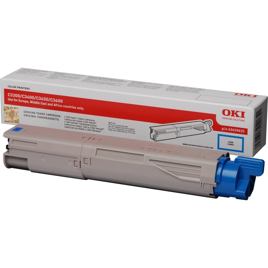 OKI 43459435 Cartuccia Toner Originale Ciano - 1 Pezzo, Resa 1500 Pagine, Compatibile con C3300N, C3400N, C3450N, C3600N