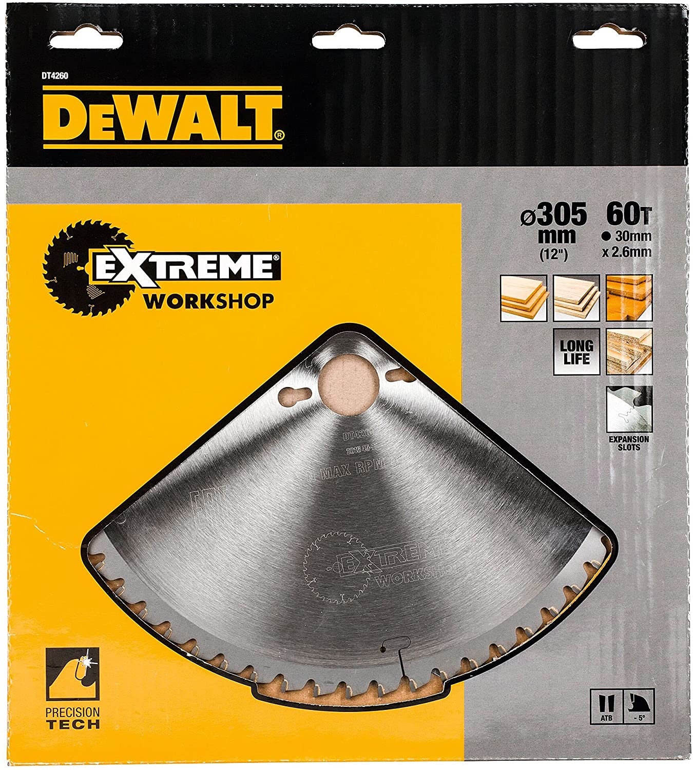 DeWALT DT4260-QZ Lama Circolare per Lavorazione del Legno - 305 mm, Foro 30 mm, 60 Denti, Spessore 2.6 mm, Angolo -5°