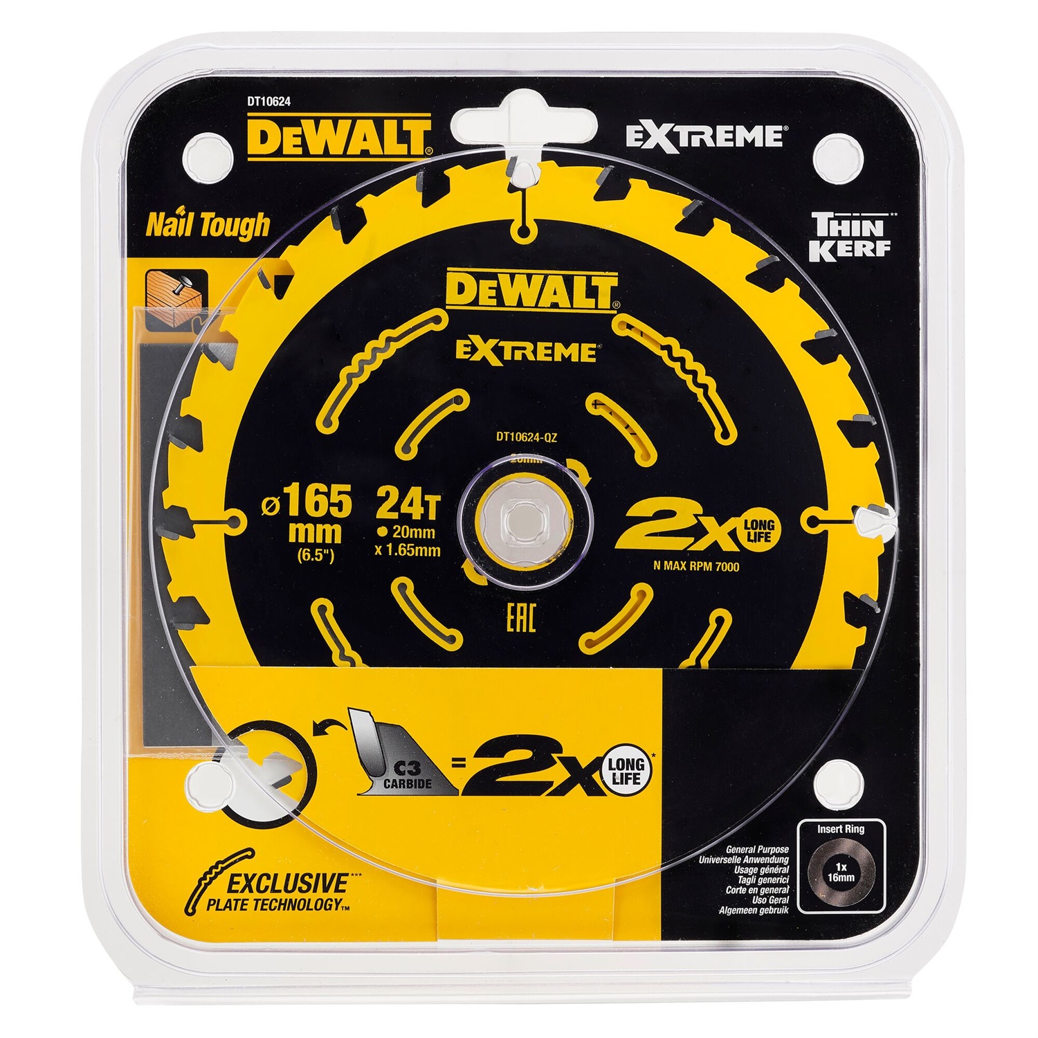 DeWALT Lama Circolare Elite DT10624-QZ 165 mm, 24 Denti, Foro 20 mm - Taglio Sottile e Preciso per Legno