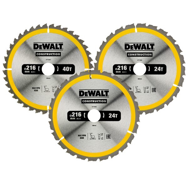 DeWALT DT1962-QZ Lama Circolare 21,6 cm - Confezione da 3 (2 x 24 Denti, 1 x 40 Denti) per Legno e Materiali Compositi