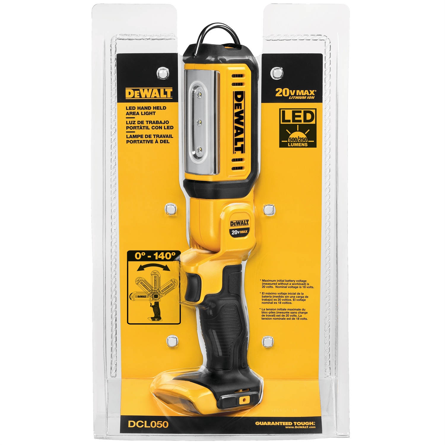DeWALT DCL050-XJ Torcia LED 18V - 250-500 lumen, IP54, Autonomia fino a 10 ore, Angolo di Pivot 9 Posizioni