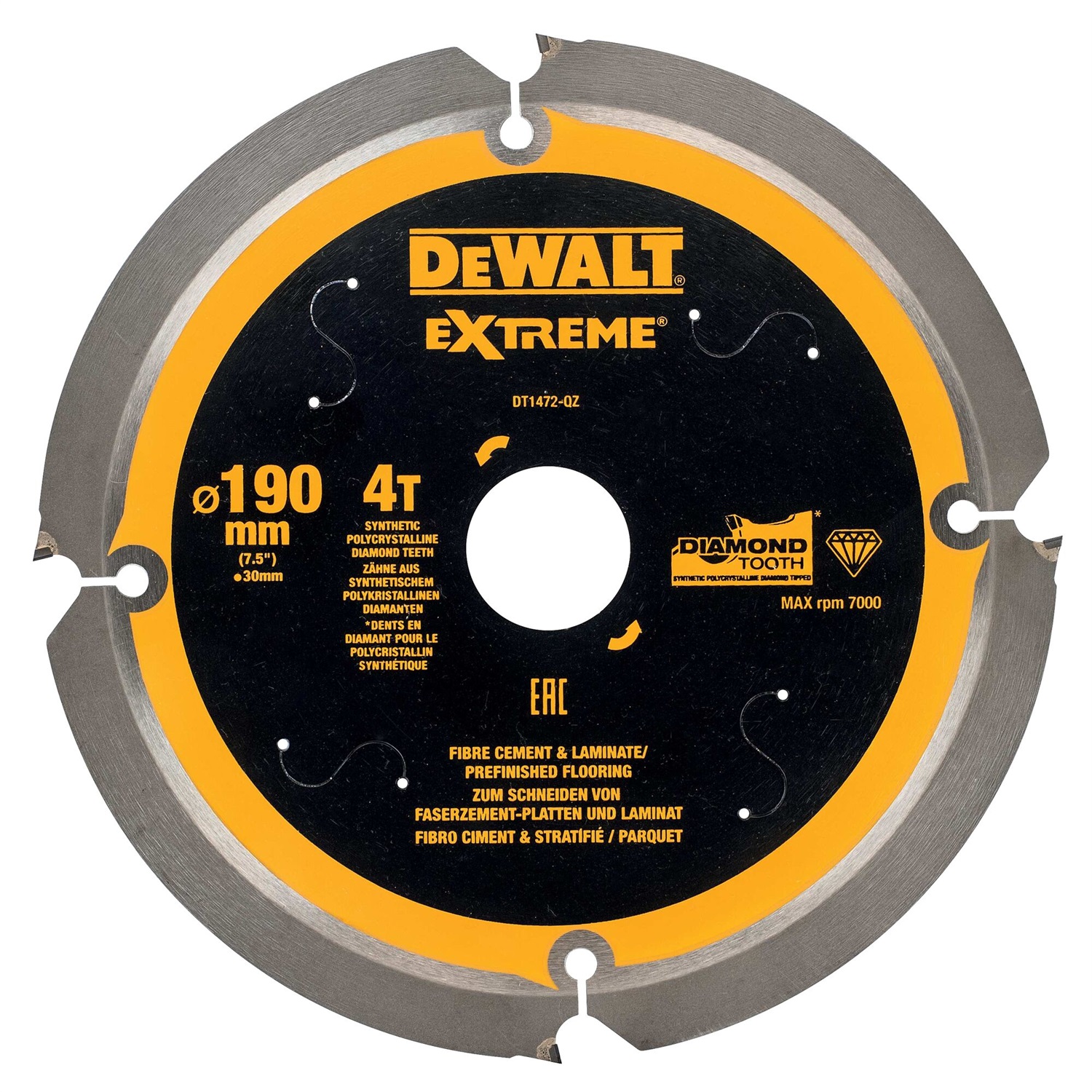 DeWALT DT1472-QZ Disco da Taglio per Fibrocemento 190x30 mm, 4 Denti, Dente Policristallino Sintetico Diamantato