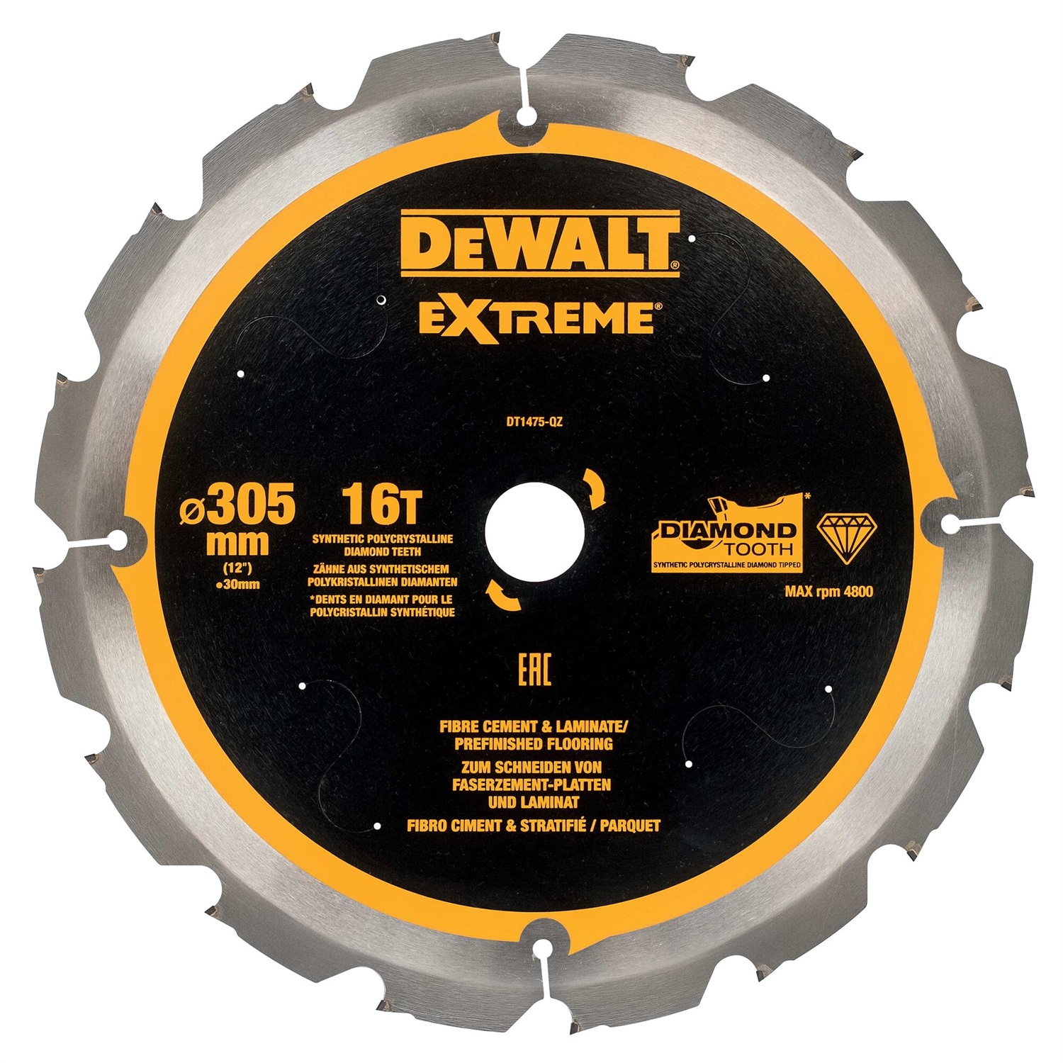 DeWALT DT1475-QZ Lama Circolare per Fibrocemento 305x30mm, 16 Denti, Denti Diamantati, Guida Antivibrante