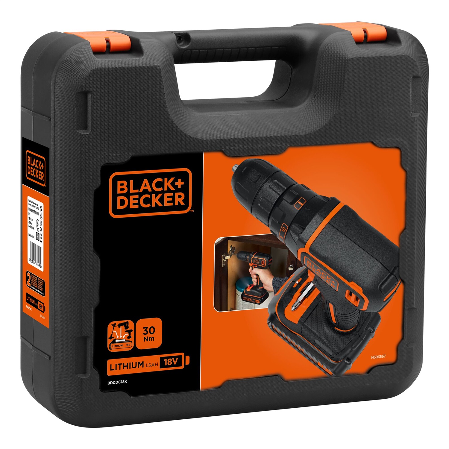 BLACK DECKER BDCDC18K-QW Trapano/Avvitatore 18V con Batteria 1.5Ah e Valigetta, Nero