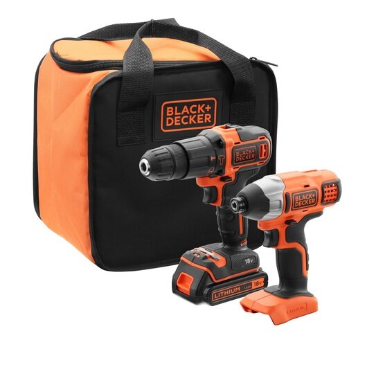 Black & Decker BCK21S1S-QW Kit Trapano Avvitatore a Percussione e Avvitatore a Impatto Senza Fili 18V con 1 Batteria e Sacchetto di Immagazzinaggio