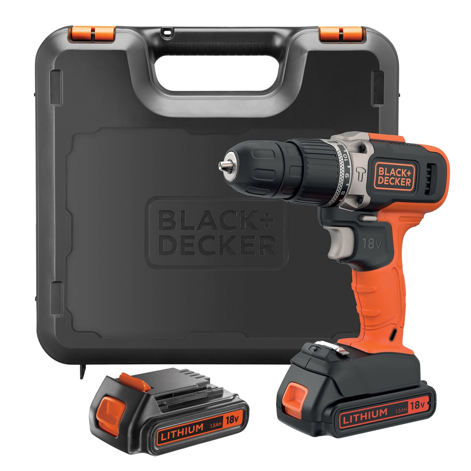 BLACK DECKER BCD003C2K-QW Trapano Avvitatore a Percussione 18V con 2 Batterie da 1,5Ah, Caricatore, Coppia 45Nm e Luce LED
