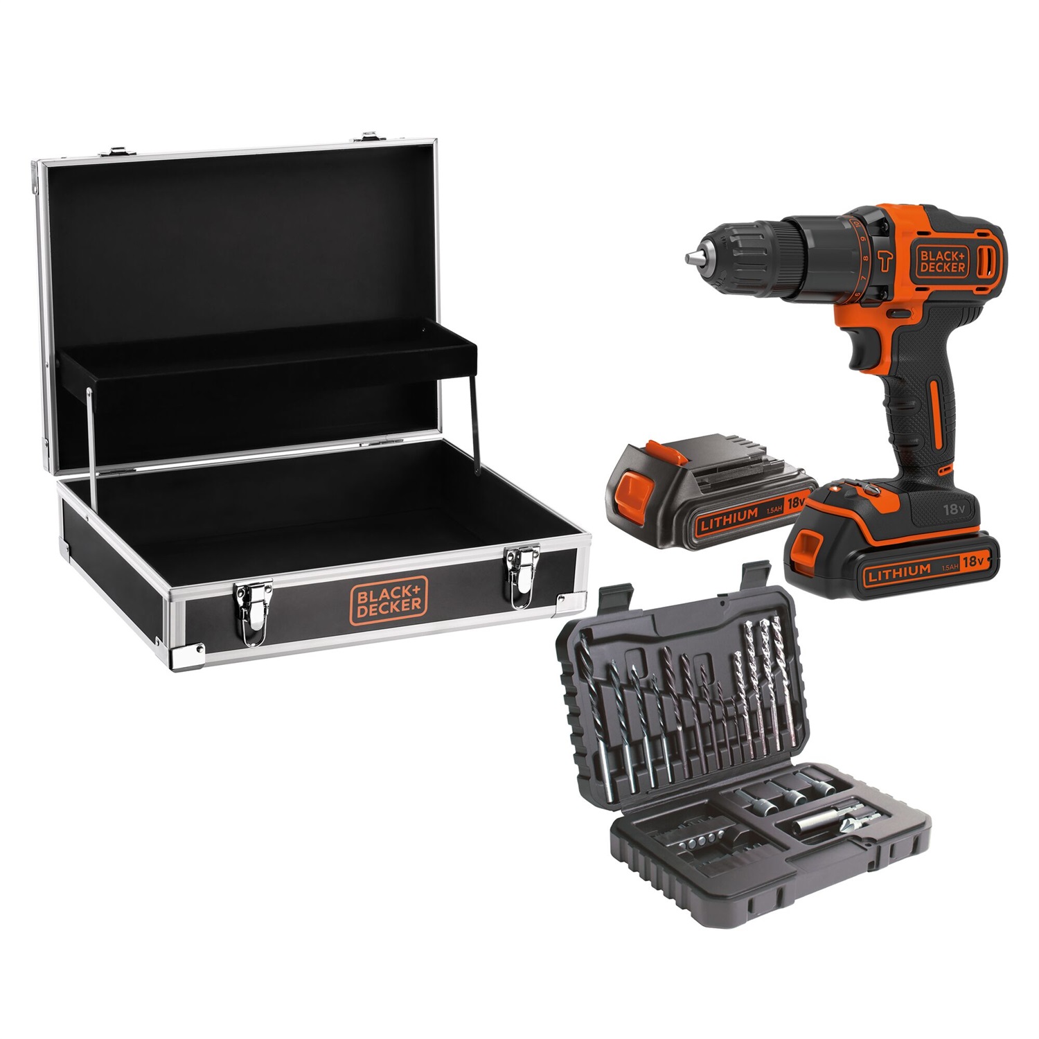 Black & Decker BDCHD18B2FC Trapano Avvitatore a Batteria 18V con Percussione, 1,5 Ah, 2 Batterie e 32 Accessori