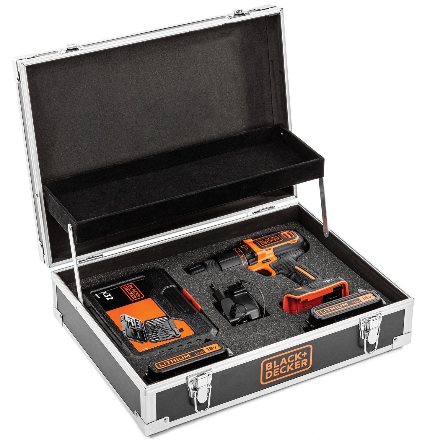 Black & Decker BDCHD18B2FC Trapano Avvitatore a Batteria 18V con Percussione, 1,5 Ah, 2 Batterie e 32 Accessori