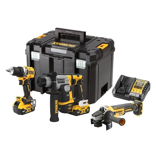 DeWALT DCK355P2T-QW Kit Combinato: Trapano Avvitatore Brushless DCD800, Perforatore SDS Plus DCH172, Smerigliatrice Angolare DCG405, 2 Batterie 18V/5Ah e Caricabatterie