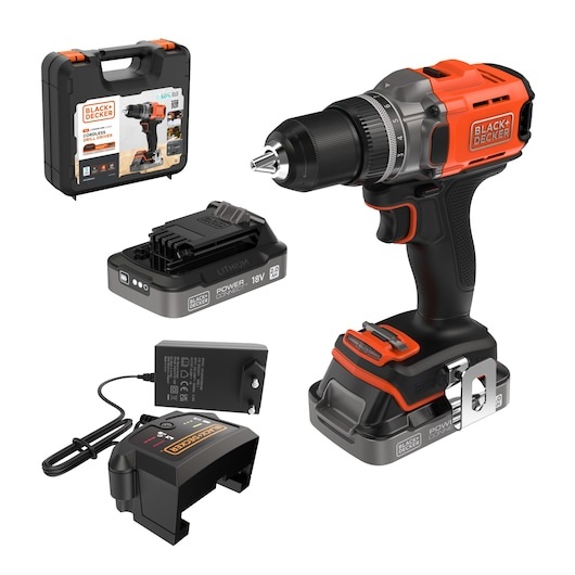 Black & Decker Trapano Avvitatore a Batteria 18V con Coppia Massima di 45 Nm, 2 Batterie da 2,0 Ah, Mandrino Autoserrante e Valigetta - BCD382D2XK-QW