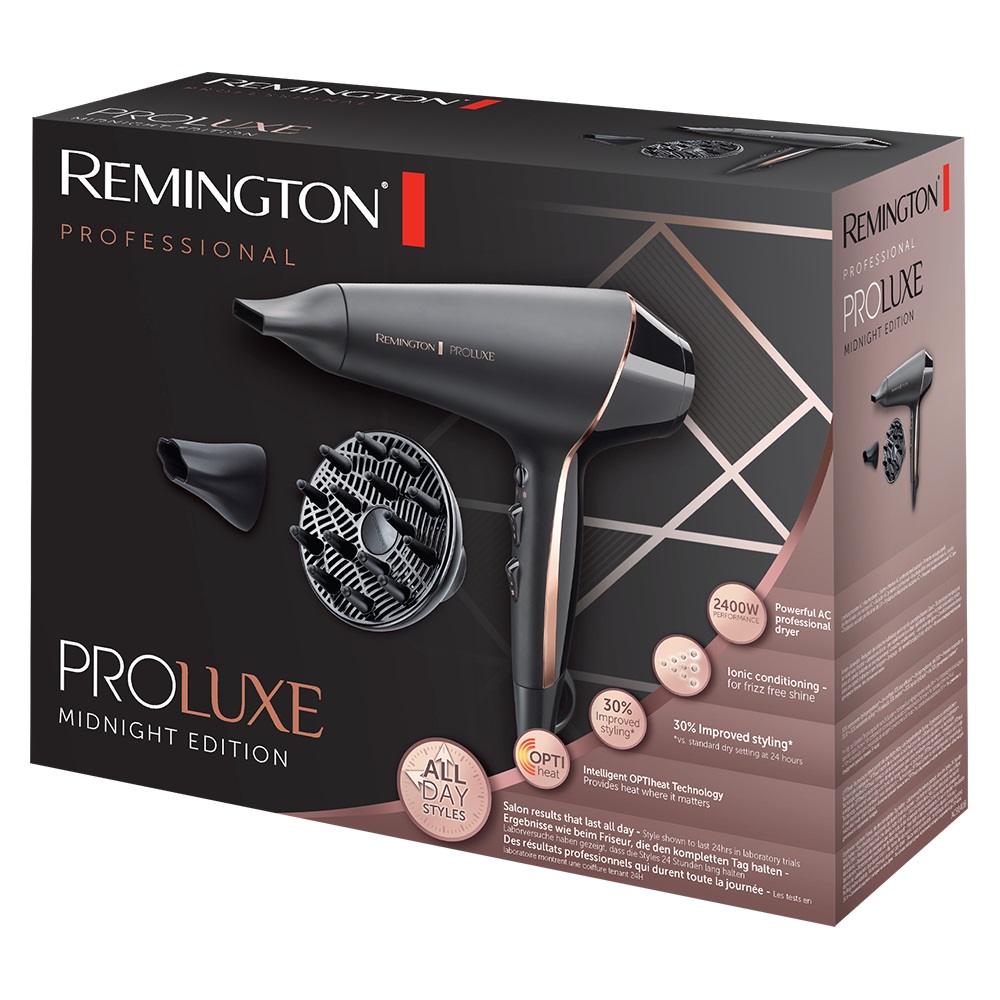 Remington PROLuxe Midnight Edition Asciugacapelli Professionale 2400 W con Tecnologia OPTIheat, Cura Ionica e 3 Accessori Styling - Nero e Oro