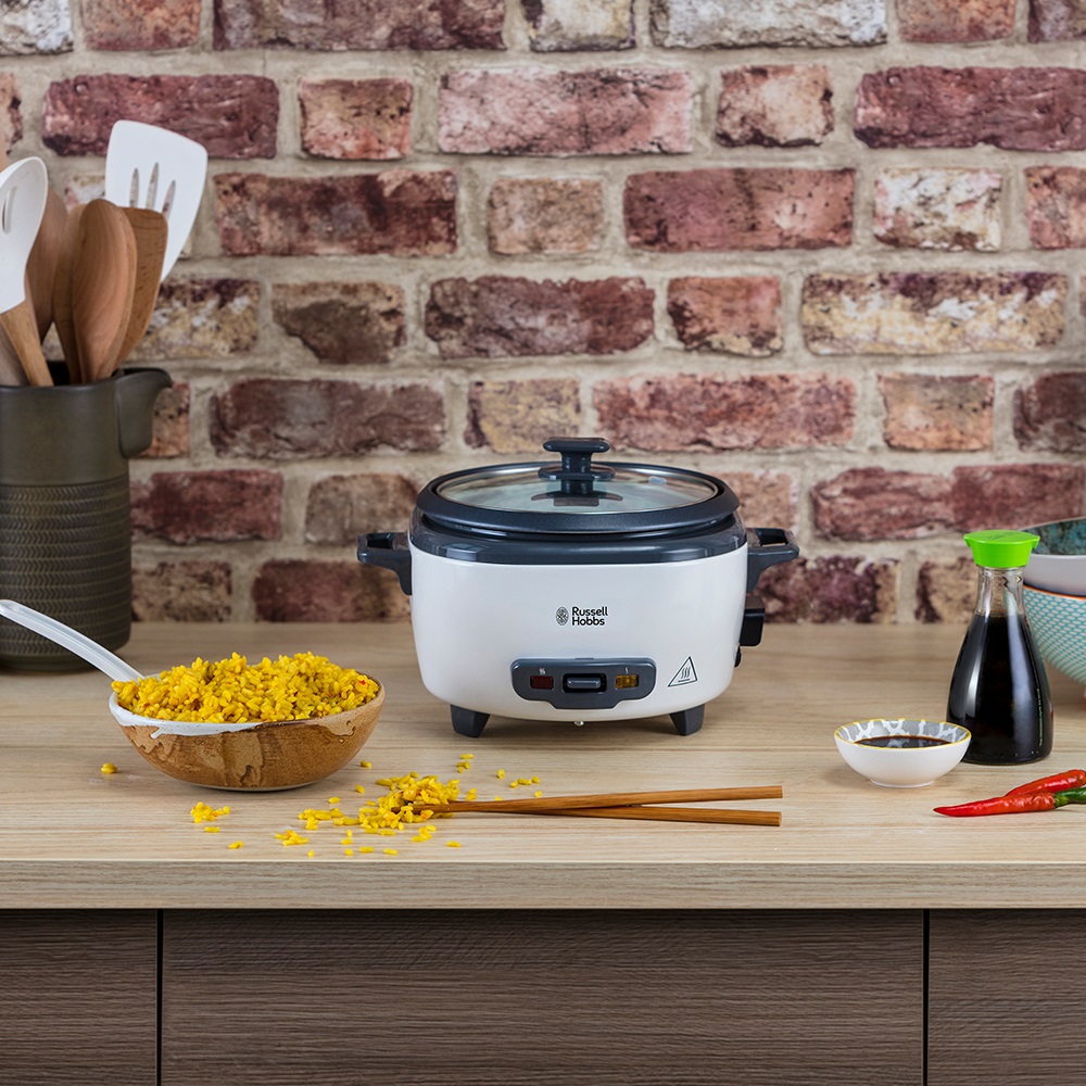 Russell Hobbs Cuociriso Piccolo 0,8L 300W Nero e Bianco con Rivestimento Antiaderente, Inserto per Cottura a Vapore e Accessori Inclusi