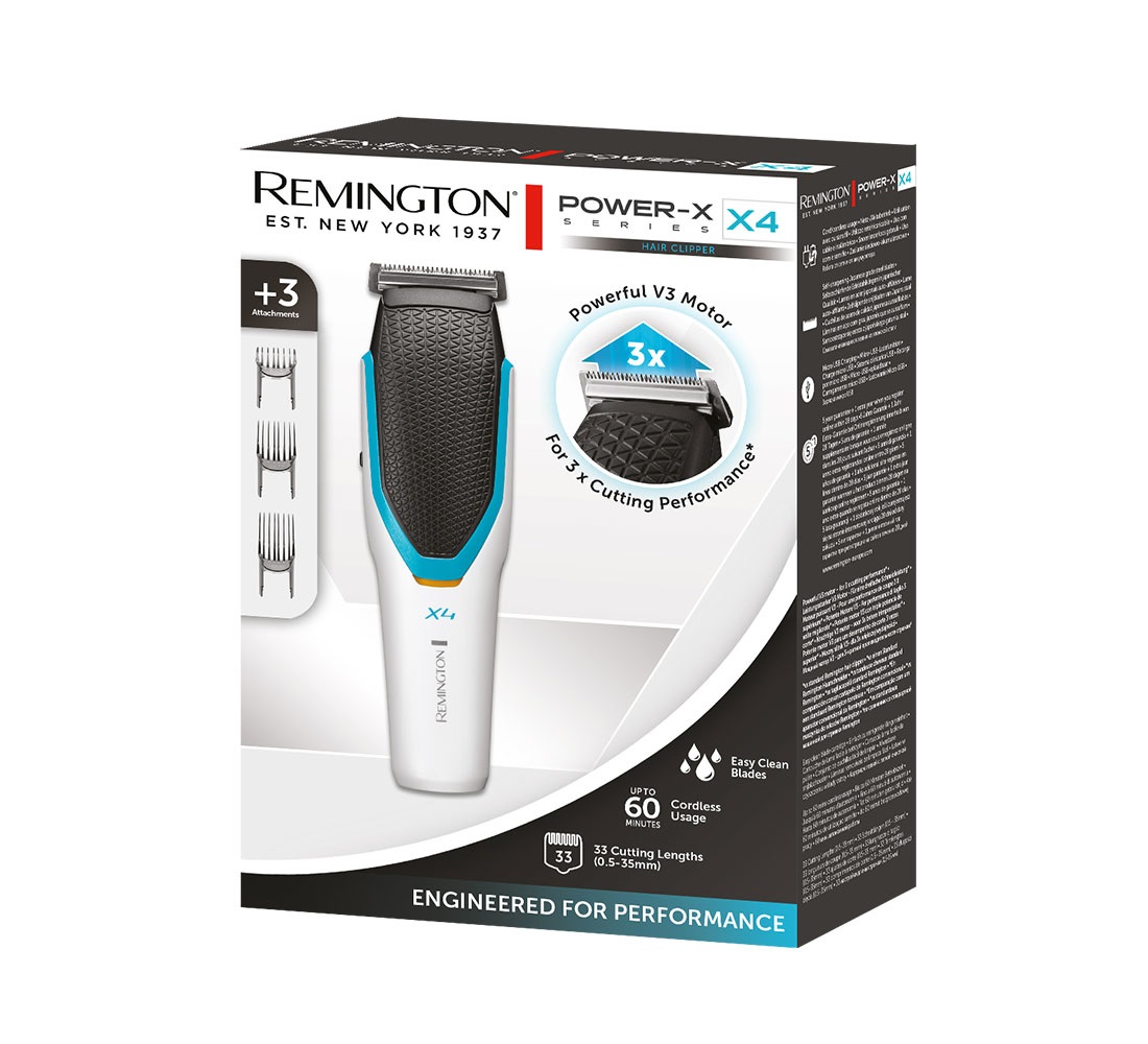 Remington HC4000 Tagliacapelli Professionale Nero/Bianco - Lame in Acciaio Inox, 3 Pettini Regolabili (3-35 mm), Funzionamento a Rete e Batteria