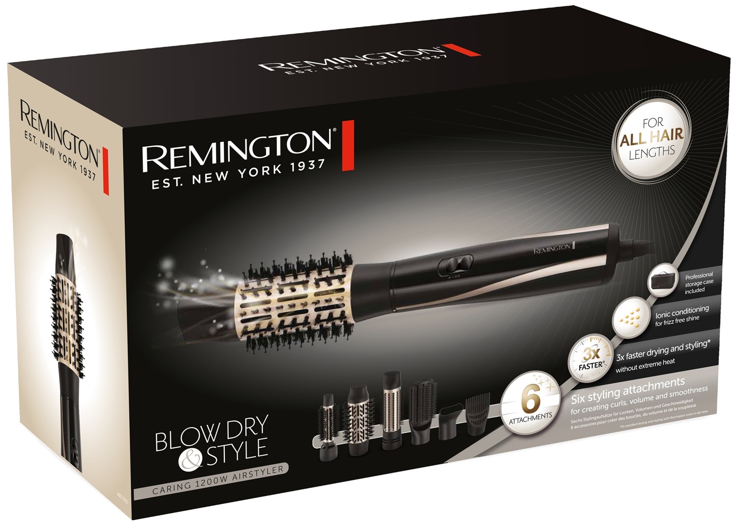 Remington AS7700 Spazzola ad Aria Calda Nero 1200 W con 6 Accessori e Cavo da 3 m