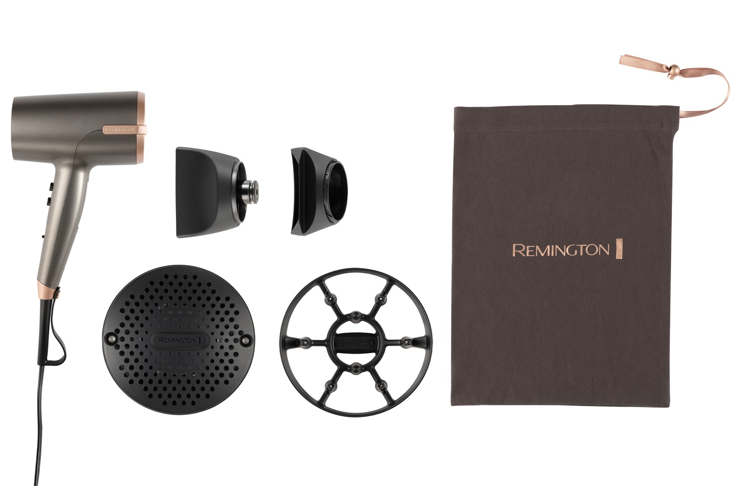 Remington D6077 Asciugacapelli 2000W con Sensore Thermacare, 4 Accessori e Doppio Sistema Ionico - Bronzo e Grigio