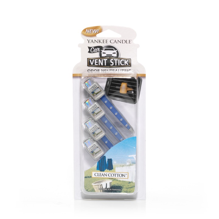 Yankee Candle Clean Cotton Profumatore per Auto - Confezione da 4 Stick, Fragranza Fresca e Delicata