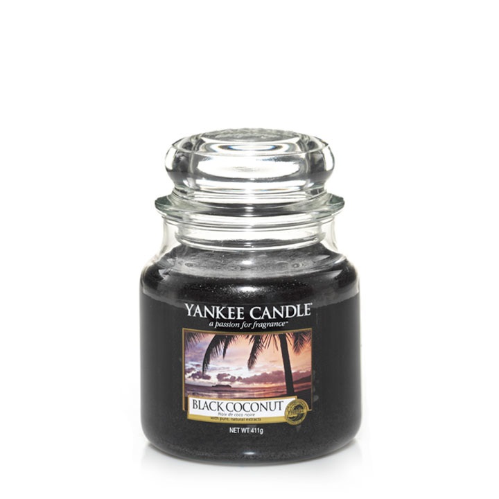 Yankee Candle Candela Profumata Giara Media Black Coconut 411 g - Durata Fino a 75 Ore, Fragranza di Cocco, Legno di Cedro e Fiori Tropicali
