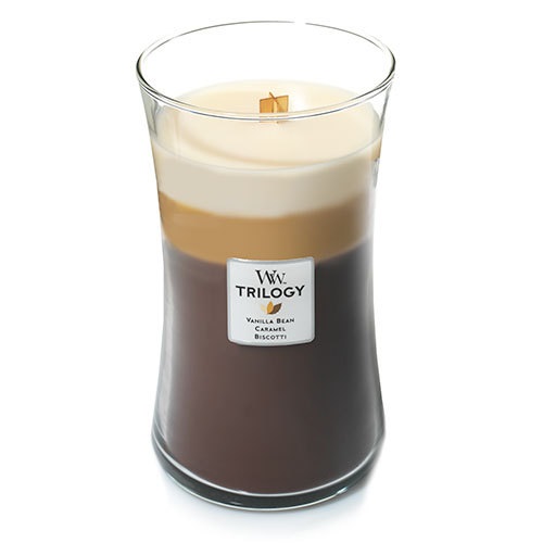 WoodWick Trilogy Café Sweets - Candela Profumata Grande con Stoppino Scoppiettante, 609,5 g, Fino a 130 Ore, Fragranze di Bacca di Vaniglia, Caramello e Biscotti