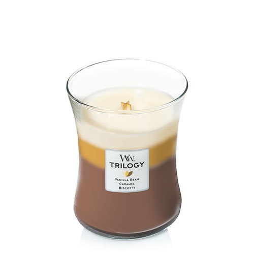 WoodWick Candela Profumata Hourglass Trilogy Media 275 g - Fragranze di Bacca di Vaniglia, Caramello e Biscotti, Durata Fino a 60 Ore, Stoppino Crepitante
