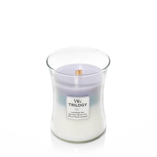 WoodWick Candela profumata Trilogy Calming Retreat 275 g - Stoppino scoppiettante, Design a clessidra, Fino a 130 ore di durata