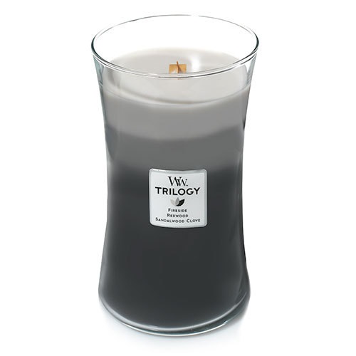 WoodWick Trilogy Large Hourglass Candela Profumata 610 g con Stoppino Scoppiettante - Fragranze Caminetto, Sequoia e Aroma di Sandalo, Fino a 130 Ore