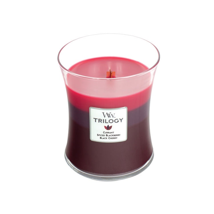 WoodWick Candela Profumata Trilogy Medium Hourglass 275 g - Sun Ripened Berries con Ribes, Mora Speziata e Ciliegia Nera