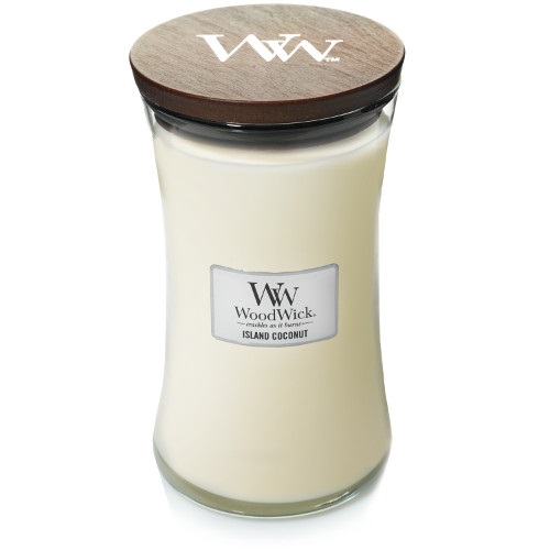 WoodWick Island Coconut - Candela Profumata Grande 610 g con Stoppino Scoppiettante, Fragranza di Cocco e Ananas, Durata Fino a 130 Ore