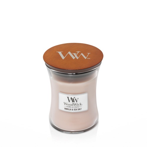 WoodWick Candela Profumata Media Vanilla & Sea Salt 275 g - Fino a 60 Ore di Combustione con Stoppino Scoppiettante