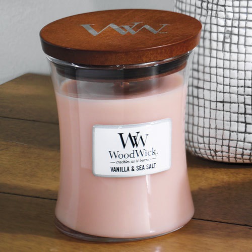 WoodWick Candela Profumata Media Vanilla & Sea Salt 275 g - Fino a 60 Ore di Combustione con Stoppino Scoppiettante