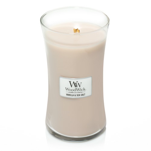 WoodWick Candela Profumata a Clessidra Vaniglia & Sale Marino 609,5 g - Fino a 130 Ore di Durata con Stoppino Scoppiettante