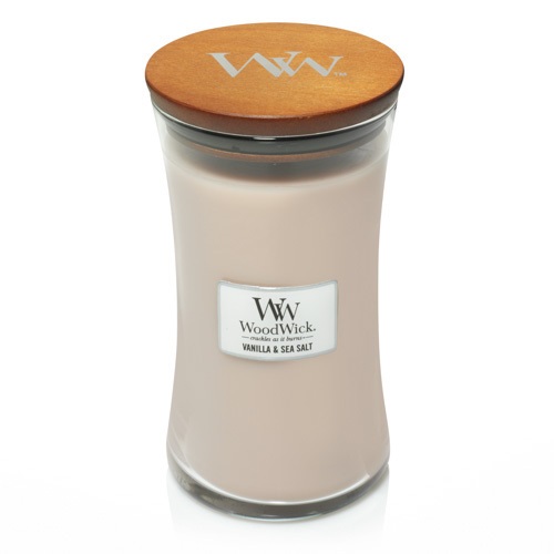 WoodWick Candela Profumata a Clessidra Vaniglia & Sale Marino 609,5 g - Fino a 130 Ore di Durata con Stoppino Scoppiettante