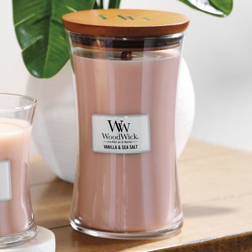 WoodWick Candela Profumata a Clessidra Vaniglia & Sale Marino 609,5 g - Fino a 130 Ore di Durata con Stoppino Scoppiettante